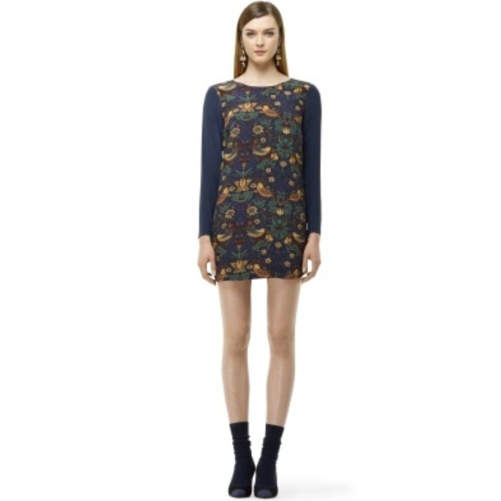 Club Monaco Silk Long Sleeve Bird & Floral‎ Print Mini Dress Size 0 Wearable Art